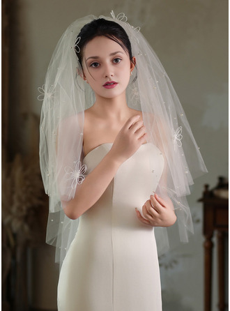 Perlen Blumen Schnittkante Zweistufig Hochzeit Kurzer Schleier 80 cm Brautschleier Mit Gesichtsteil 