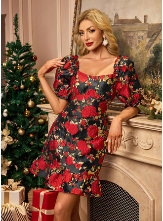 Ruffle Floral Print Square 1/2 Sleeve Sheath/Column Jacquard Mini Dress 