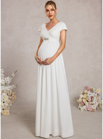 A-line V-Neck Floor-Length Jersey Maternity Dresses With Bow