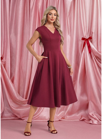 Плиссированный V шеи Шапка рукава A-линии Jersey миди Модные платья 