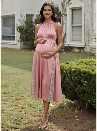 Línea a cuello halter hasta la tibia vestido premamá con encaje plisado 