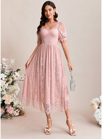 Square Short Sleeve A-line Lace Midi Dress 