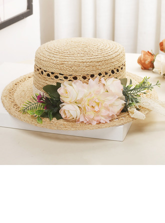 Women's Flat Brim Summer Flower Raffia Straw Tea Party Boater