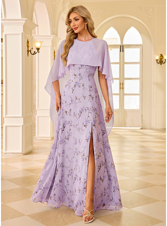 Frente única manga capa chiffon maxi vestido