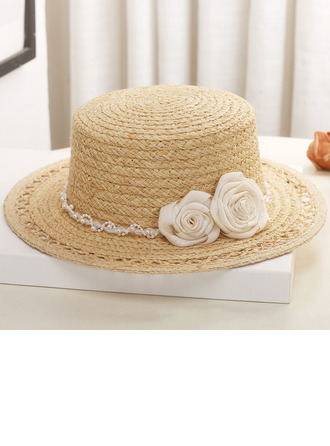 Women's Flat Brim Summer Flower Raffia Straw Tea Party Boater