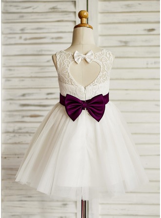 A-Line/Princess Knee-length Flower Girl Dress - Tulle/Lace Sleeveless Jewel With Sash/Bow(s)/Back Hole 
