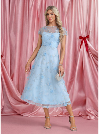 Цветок Совок шеи Иллюзия С коротким рукавом A-линии Тюль миди Модные платья 