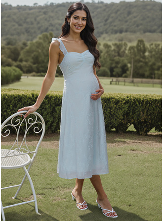 Línea a cuello cuadrado hasta la tibia vestido premamá con plisado lazo 