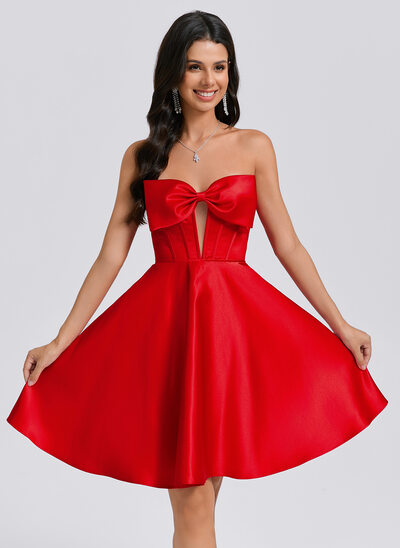 Vestido linha-a decote em coração curto cetim vestido de formatura com arco 