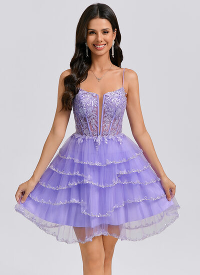 Vestido linha-a decote em v curto tule vestido de formatura com beading apliques de renda lantejoulas 