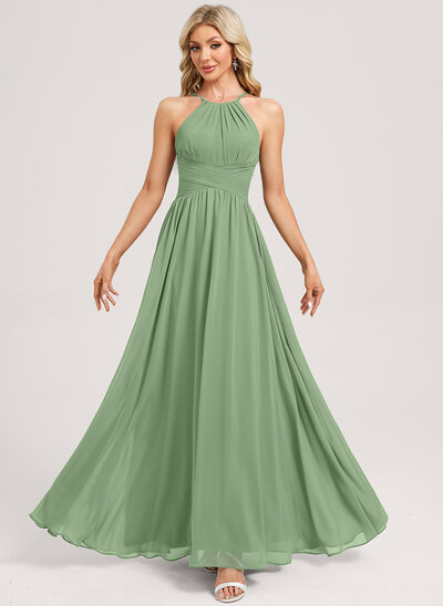 A-line Halter Floor-Length Chiffon Bridesmaid Dress 