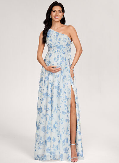 Kjole med A-linje One-Shoulder Gulvlængde Chiffon Graviditetskjoler med Flæsekanter 
