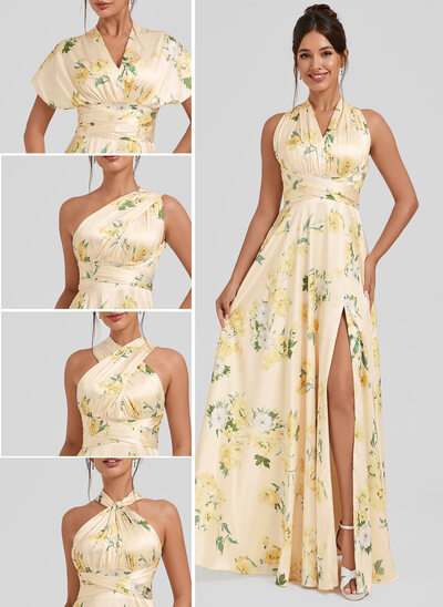 Robe de demoiselle d'honneur trapèze une épaule col v licou longueur ras du sol satin mat 