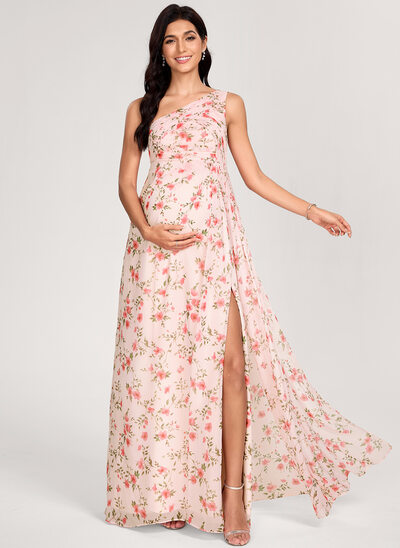 Kjole med A-linje One-Shoulder Gulvlængde Chiffon Graviditetskjoler med Flæsekanter 