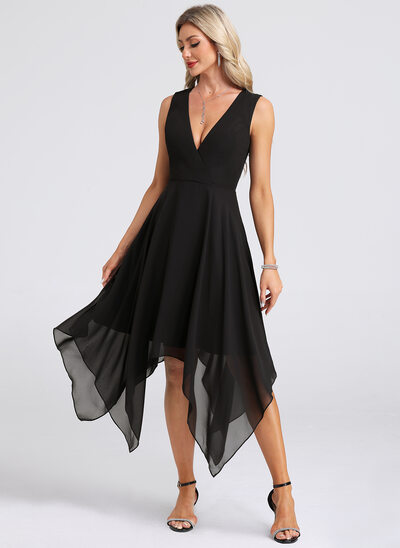 A trapezio scollo a v asimmetrico midi chiffon abito da cocktail 