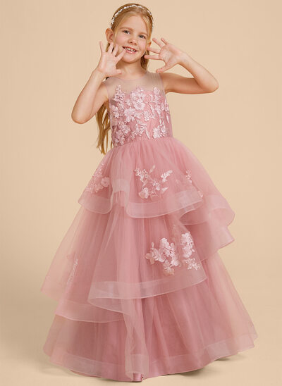 Ball-Gown/Princess Scoop Floor-Length Tulle Lace Flower Girl Dress 