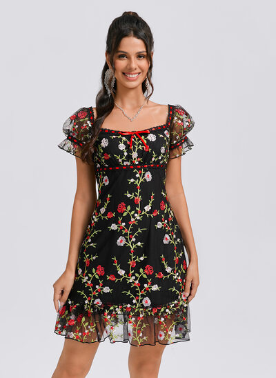 Vestido linha-a quadrada curto renda vestido de formatura com arco 