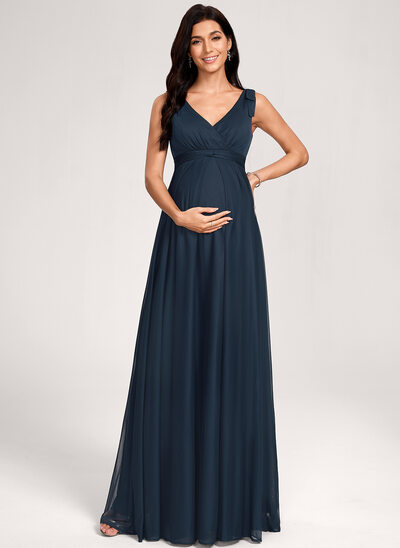 Kjole med A-linje V-hals Gulvlængde Mesh Graviditetskjoler med Sløjfe Flæsekanter 