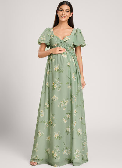 A-Linien-Kleid V-Ausschnitt Bodenlang Chiffon Umstandskleider mit Schleife Falten 