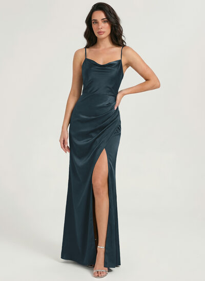 A-line Cowl Ruched Matte Satin Dress