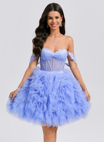 De baile/princesa decote em coração curto tule vestido de formatura com plissada apliques de renda 
