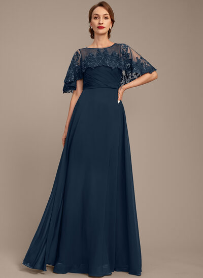 A-линии Совок шеи Иллюзия Длина до пола кружевной Шифон Платье Для Матери Невесты с Плиссированный блестки 