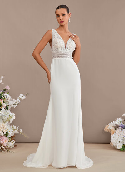 Trumpet/Mermaid V-Neck Sweep Train Lace Chiffon Wedding Dress With Sequins 