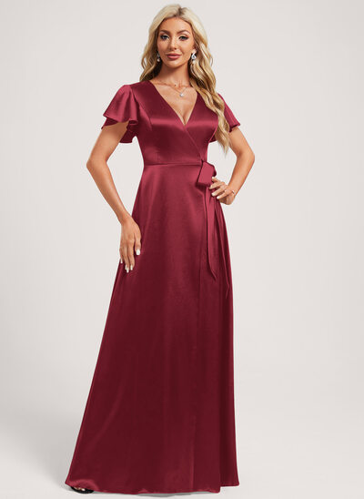 Robe de demoiselle d'honneur trapèze col v longueur ras du sol satin extensible 