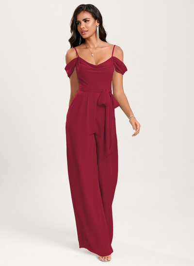 Jumpsuit van chiffon met watervalhals ruches