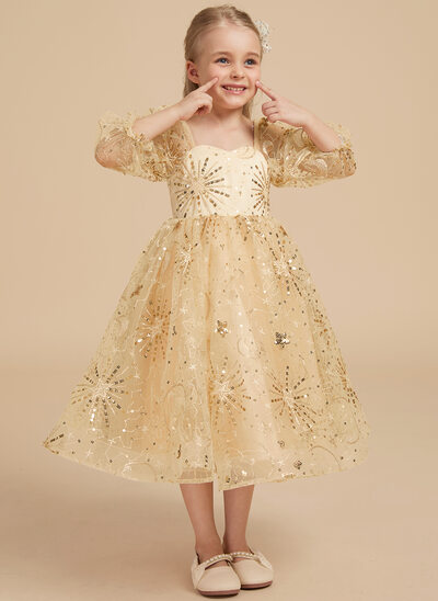 A-linja kulta polven alle tylli kukka tyttö mekot 