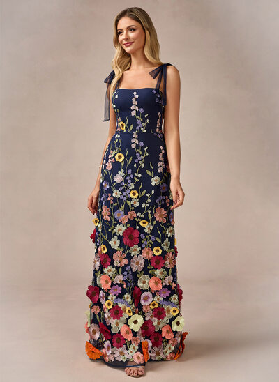 A-line kjole Firkantet hals Gulvlengde Blonder Festkjole med Blomst 