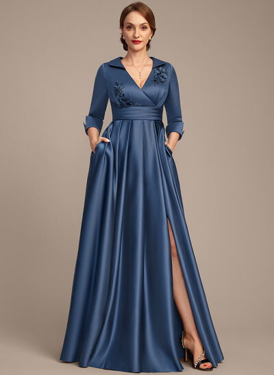 A-линии V шеи Длина до пола Satin Платье Для Матери Невесты с Плиссированный развальцовка блестки 