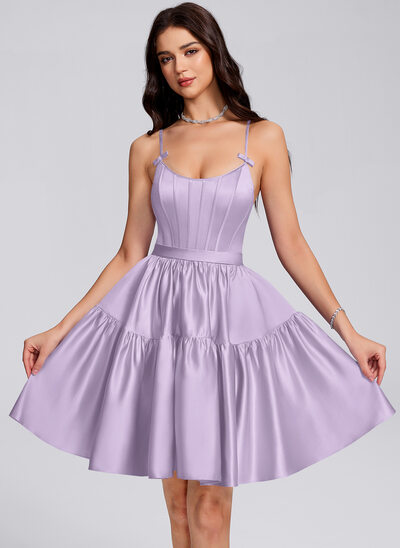 A-line Scoop Short Satin Homecoming Dress With Bow Ruched 