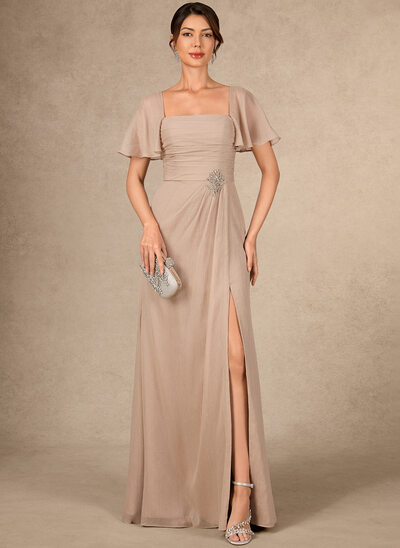 A-lijn-jurk vierkant vloer lengte metalen moeder van de bruid jurk met plooirok kristal bloemen pin strik 