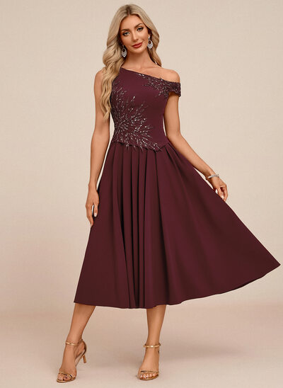One Shoulder Stretch Crepe Midi Dress