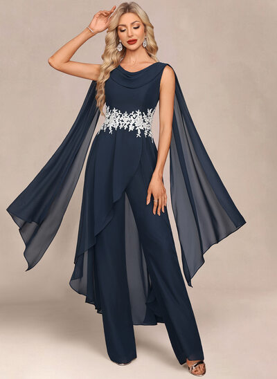 Tute cappuccio a terra chiffona abito da sera con mantella di appliques pizzo 