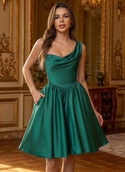 One Shoulder Pockets Matte Satin Dress