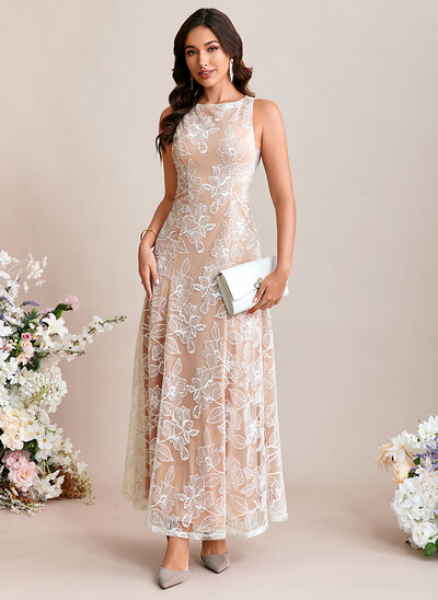 A-line Boat Neck Floor-Length Lace Wedding Dress With Embroidered 