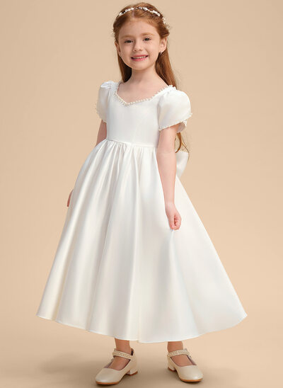 A-lijn-jurk ronde hals thee lengte satijn bloemenmeisjes jurk met kralen strik 