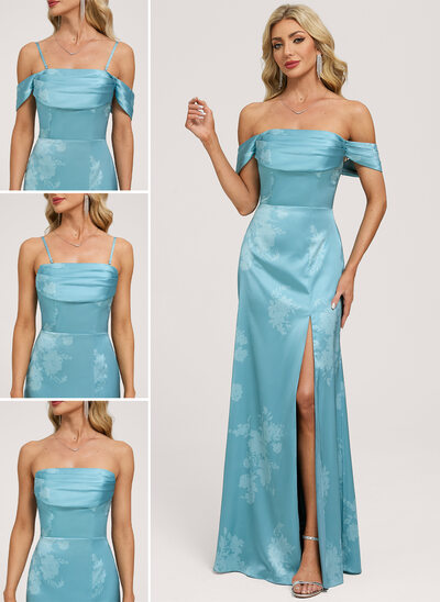 Trapèze épaules dénudées fronces satin mat robe