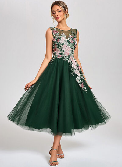 A-line Scoop Tea-Length Tulle Lace Cocktail Dress 