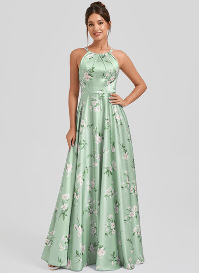 Robe de demoiselle d'honneur trapèze licou longueur ras du sol satin mat 