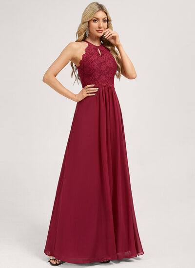 Robe de demoiselle d'honneur trapèze col rond longueur ras du sol dentelle mousseline 