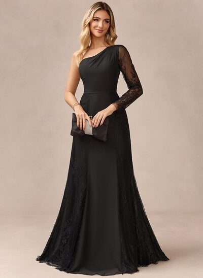 Abiti linea a una spalla sweep/spazzola treno chiffona pizzo abito da sera 