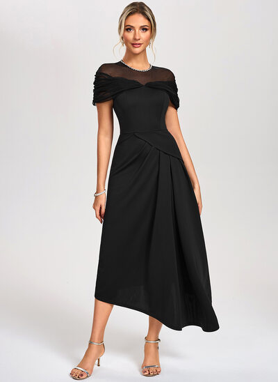 A-line Illusion Asymmetrical Tea-Length stretchy fabric Cocktail Dress With Rhinestone 