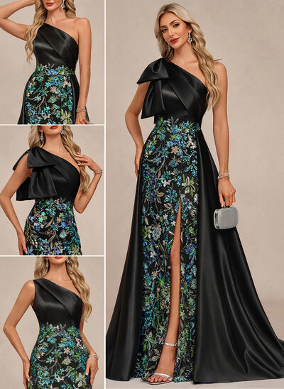 One Shoulder Flower Sequin Maxi Dress