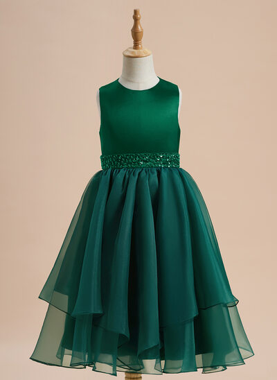 A-line Scoop Tea-Length Organza Satin Flower Girl Dress With Beading Sequins 