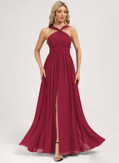 Robe de demoiselle d'honneur trapèze col v longueur ras du sol mousseline avec volants 