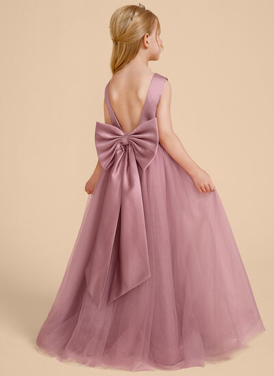 A-line Scoop Floor-Length Tulle Satin Flower Girl Dress With Bow Sash 