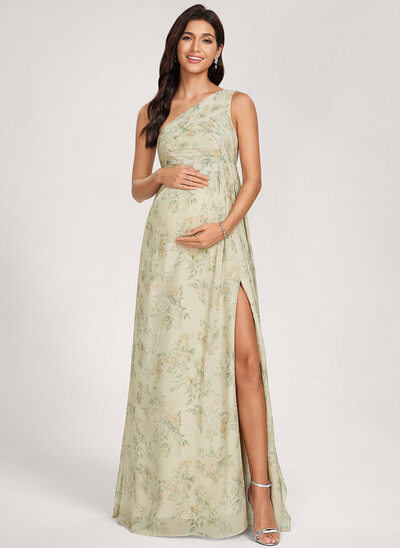 Kjole med A-linje One-Shoulder Gulvlængde Chiffon Graviditetskjoler med Flæsekanter 